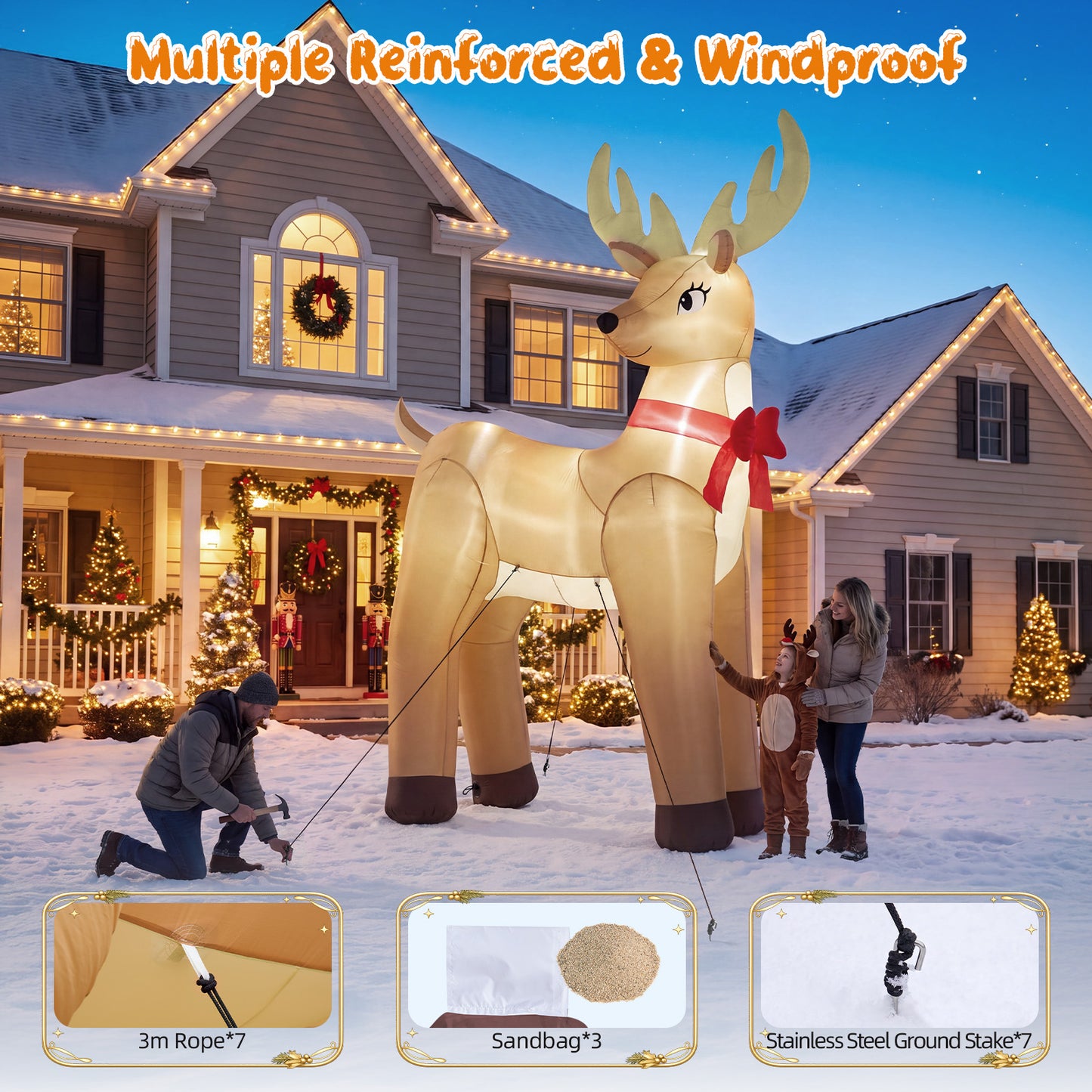 14FT Inflatable Christmas Reindeer with LED Lights & Dual Blowers for Yard & Holiday Party