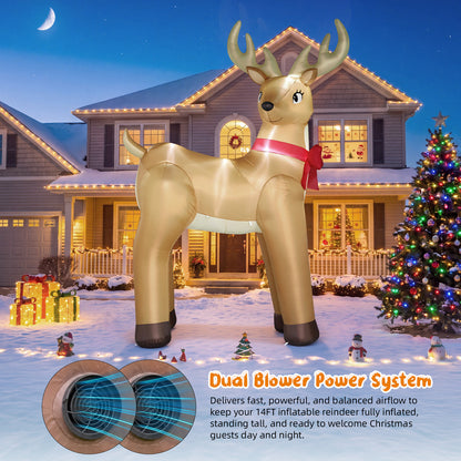 14FT Inflatable Christmas Reindeer with LED Lights & Dual Blowers for Yard & Holiday Party