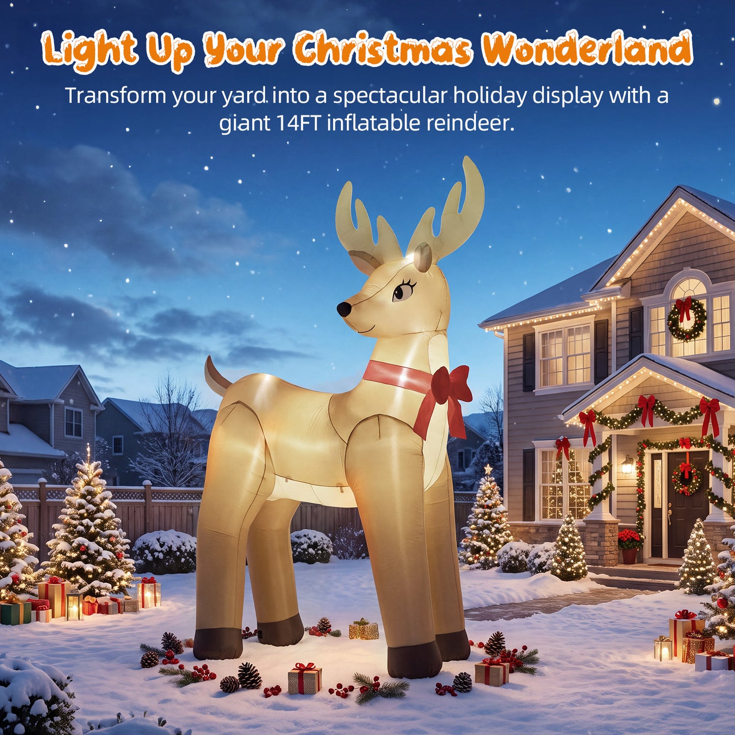 14FT Inflatable Christmas Reindeer with LED Lights & Dual Blowers for Yard & Holiday Party