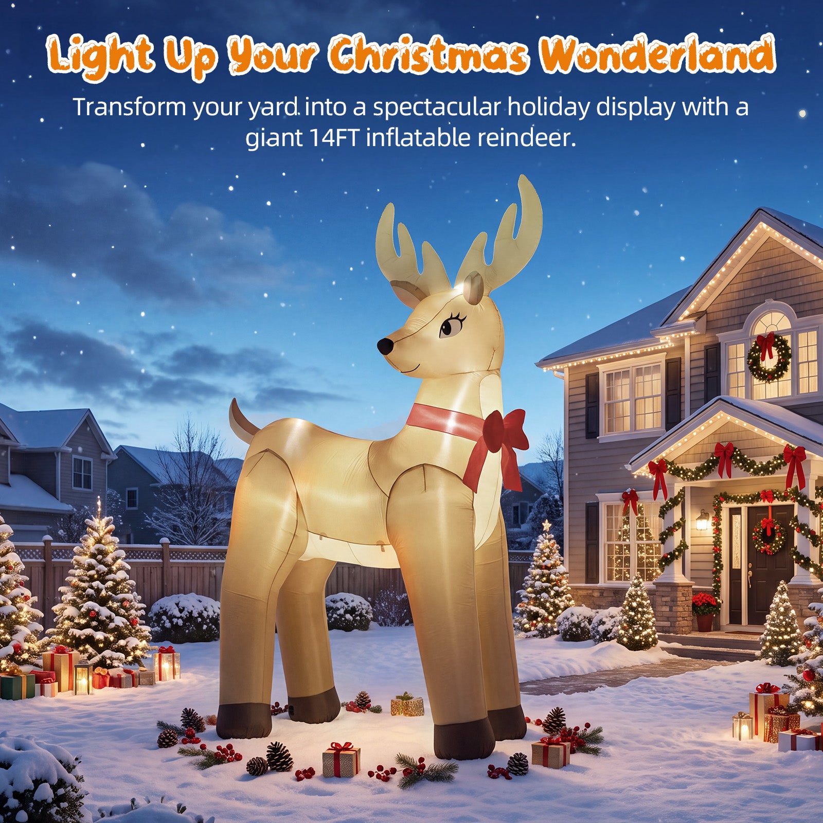 14FT Inflatable Christmas Reindeer with LED Lights & Dual Blowers for Yard & Holiday Party