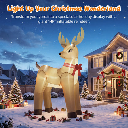14FT Inflatable Christmas Reindeer with LED Lights & Dual Blowers for Yard & Holiday Party