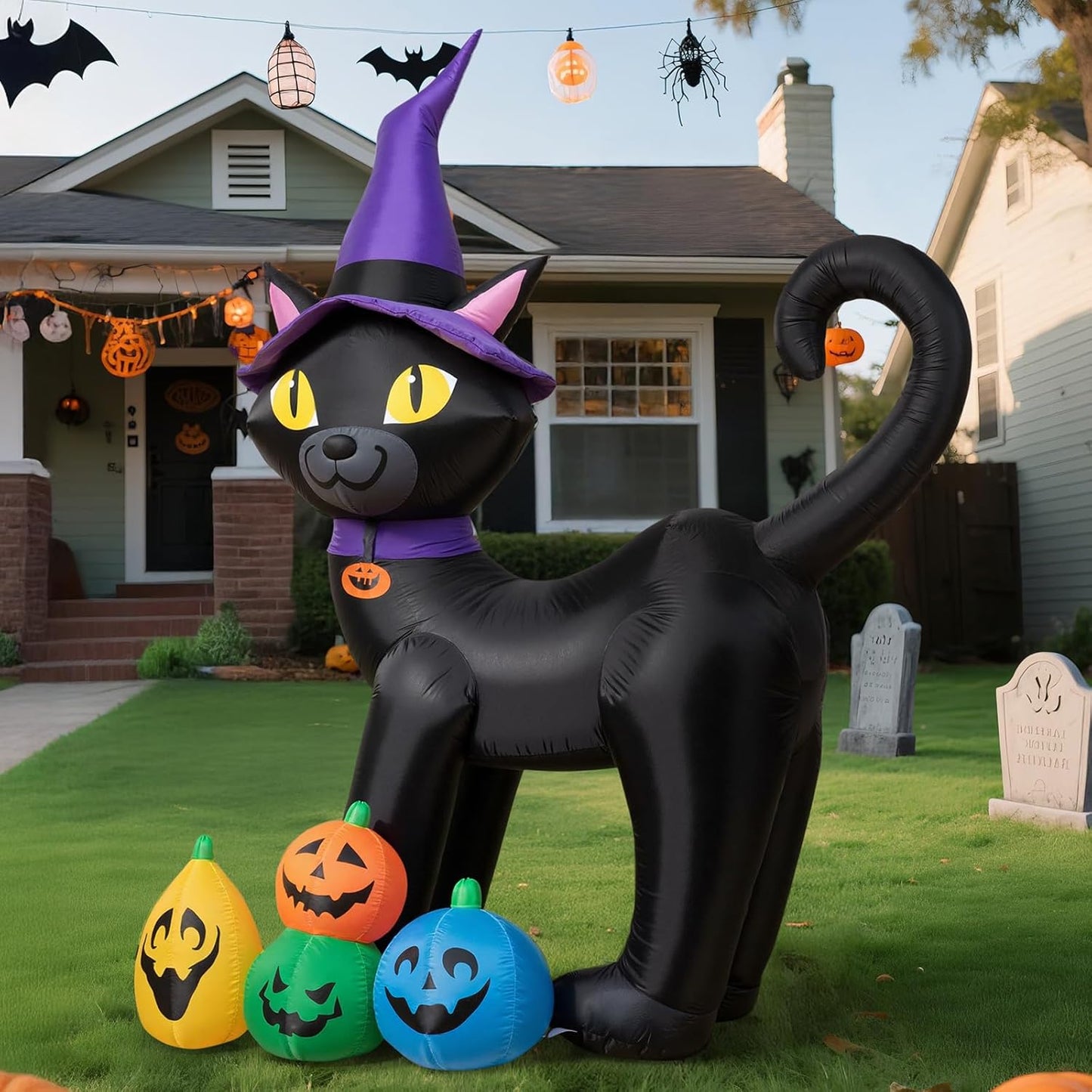 6FT Inflatable Black Cat with Witch Hat Decoration with LED Lights for Yard & Halloween Party - view 1