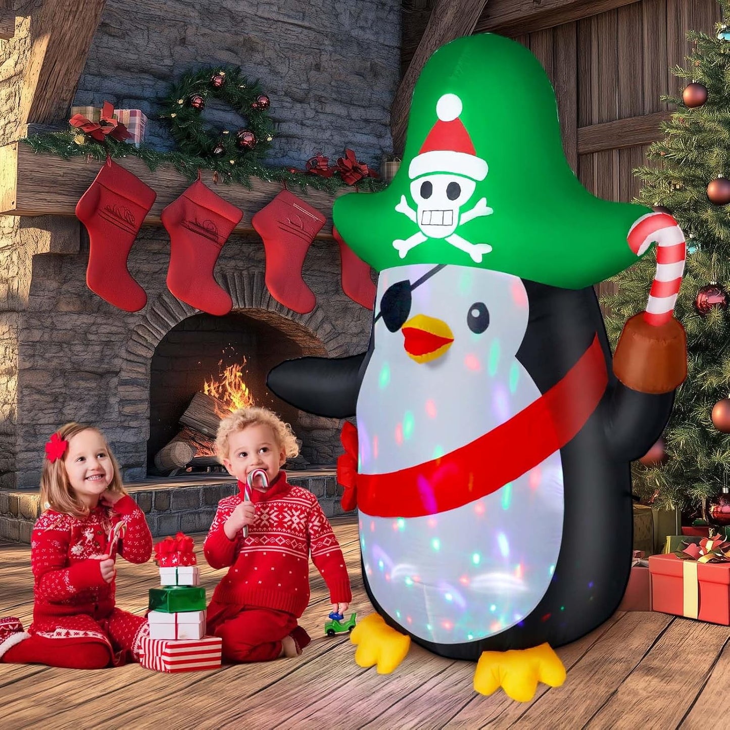 6FT Inflatable Pirate Penguin Decoration with Rotating Colored LED for Yard & Christmas Party - view 5