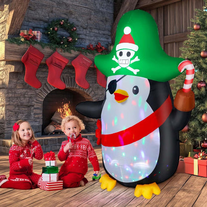 6FT Inflatable Pirate Penguin Decoration with Rotating Colored LED for Yard & Christmas Party - view 5