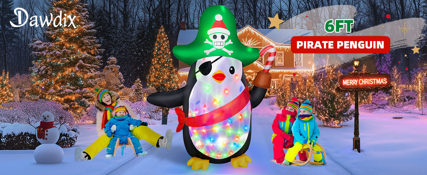 6FT Inflatable Pirate Penguin Decoration with Rotating Colored LED for Yard & Christmas Party - view 7