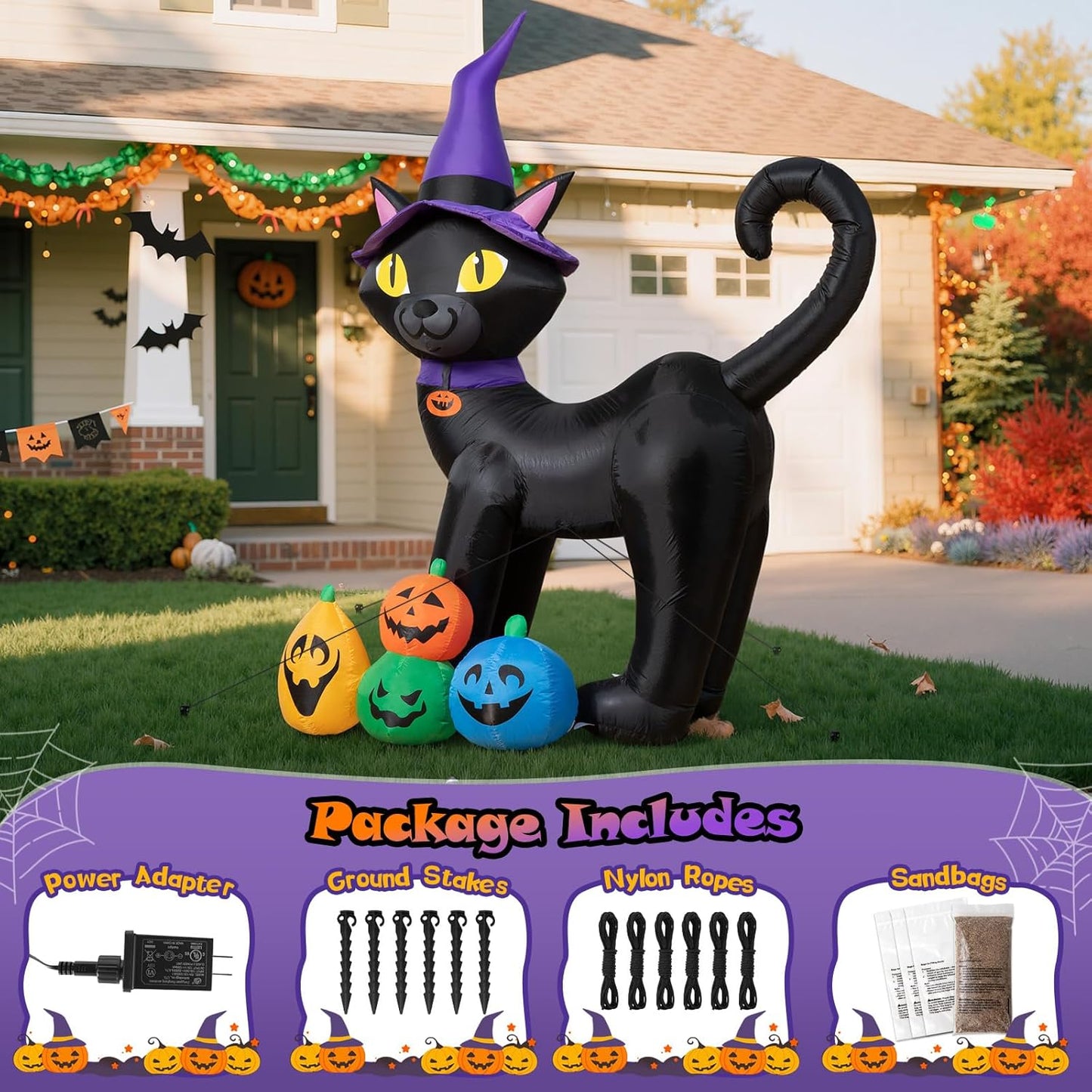 6FT Inflatable Black Cat with Witch Hat Decoration with LED Lights for Yard & Halloween Party - view 6