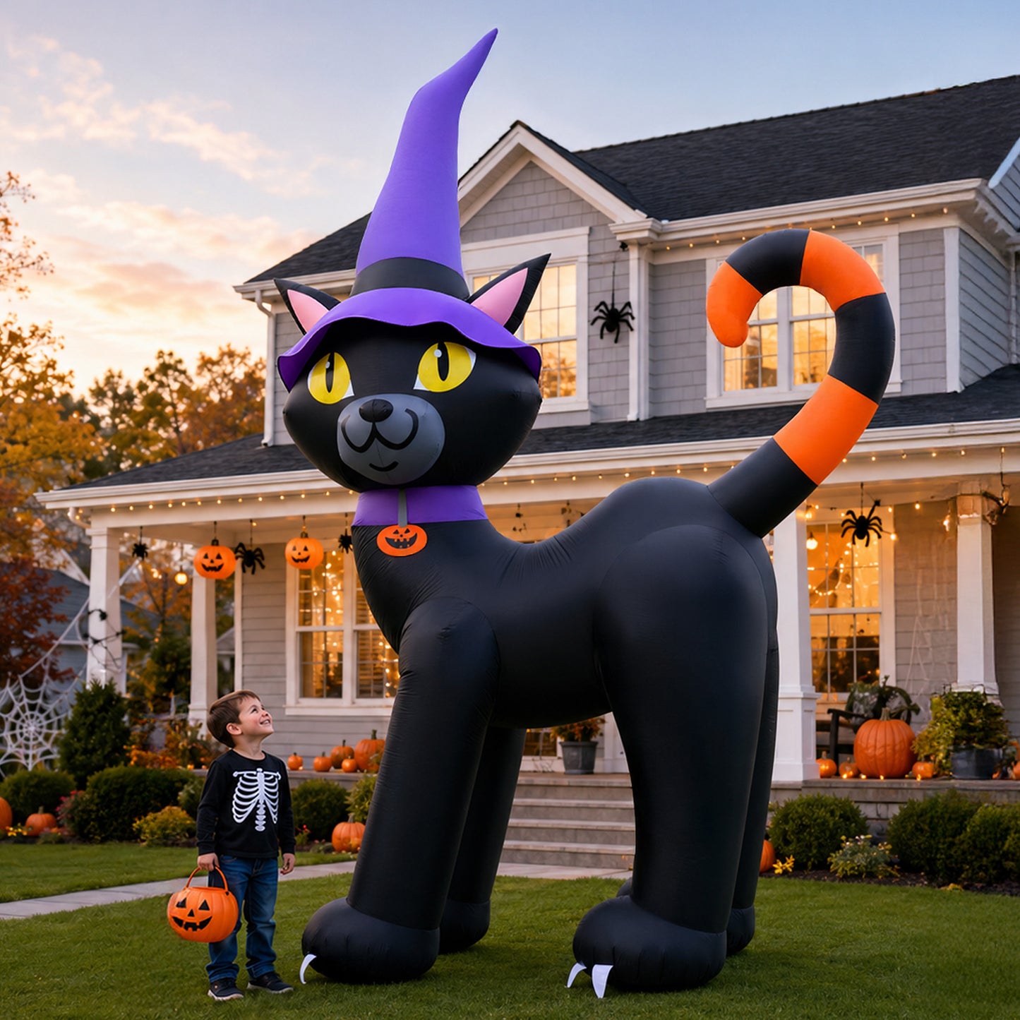 14FT Inflatable Halloween Black Cat with Witch Hat & LED Lights for Yard & Halloween Party