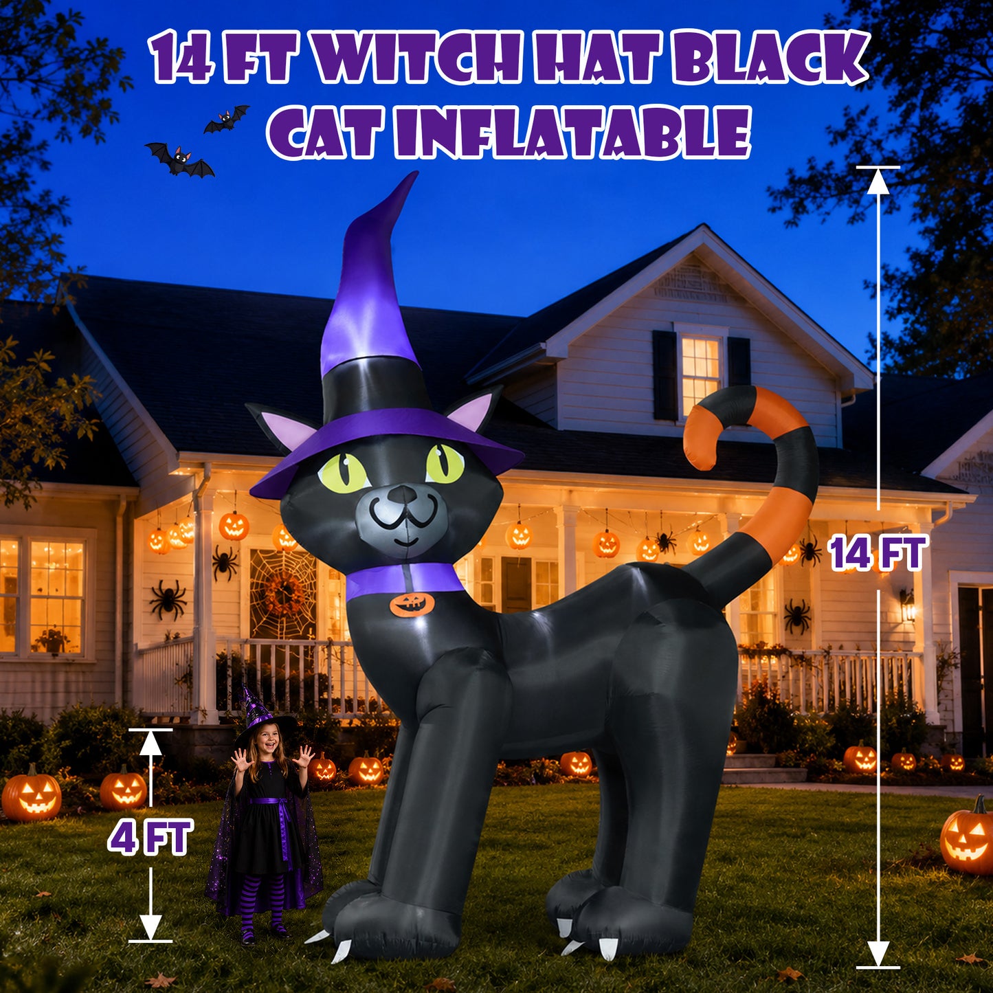 14FT Inflatable Halloween Black Cat with Witch Hat & LED Lights for Yard & Halloween Party
