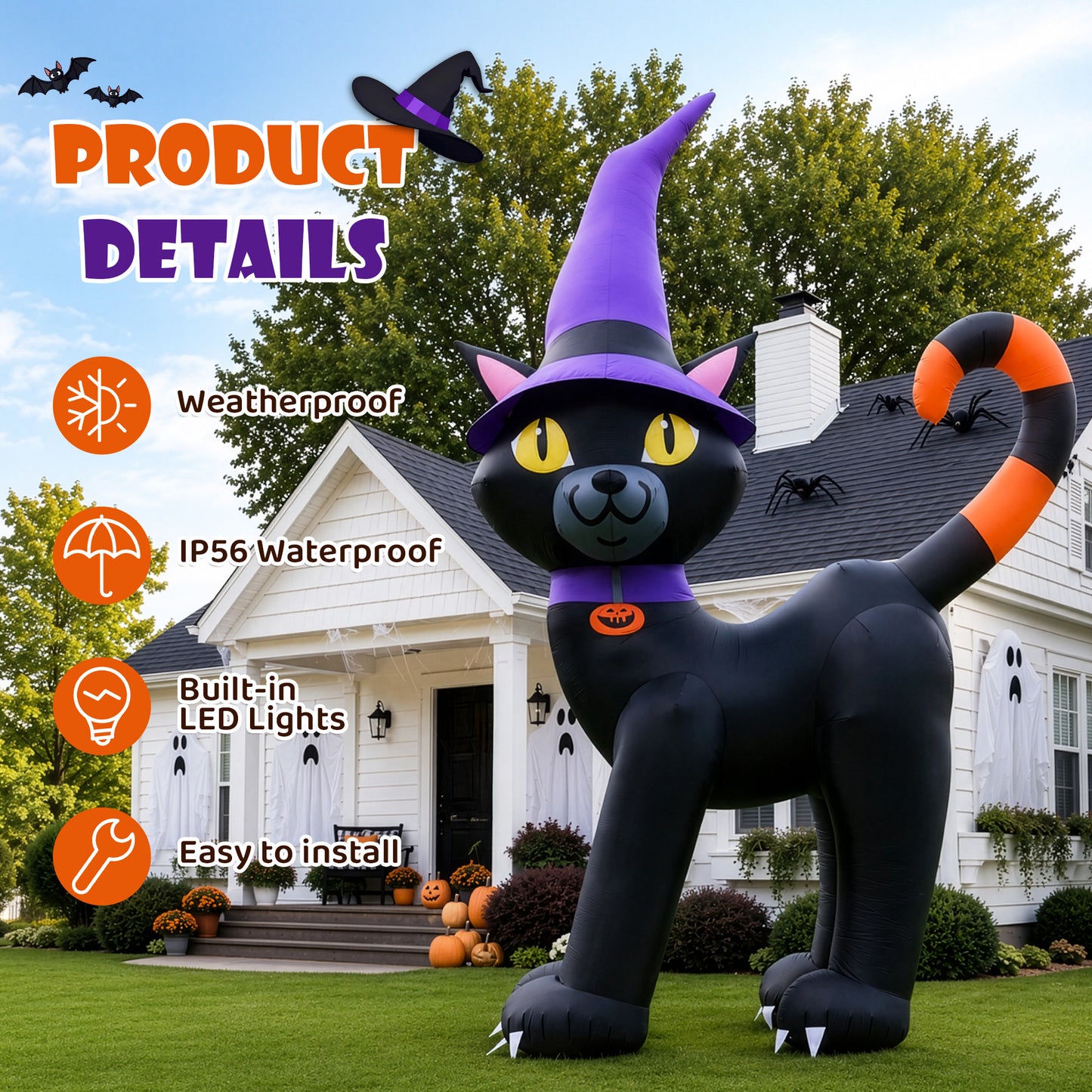 14FT Inflatable Halloween Black Cat with Witch Hat & LED Lights for Yard & Halloween Party