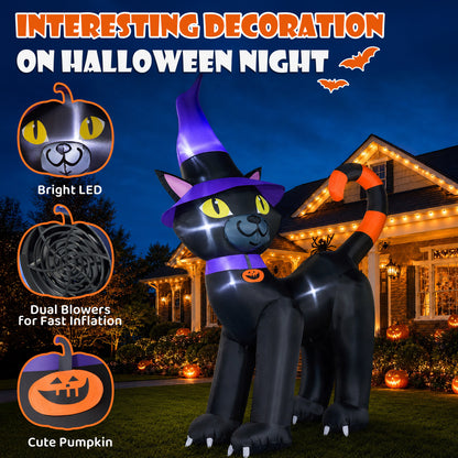 14FT Inflatable Halloween Black Cat with Witch Hat & LED Lights for Yard & Halloween Party