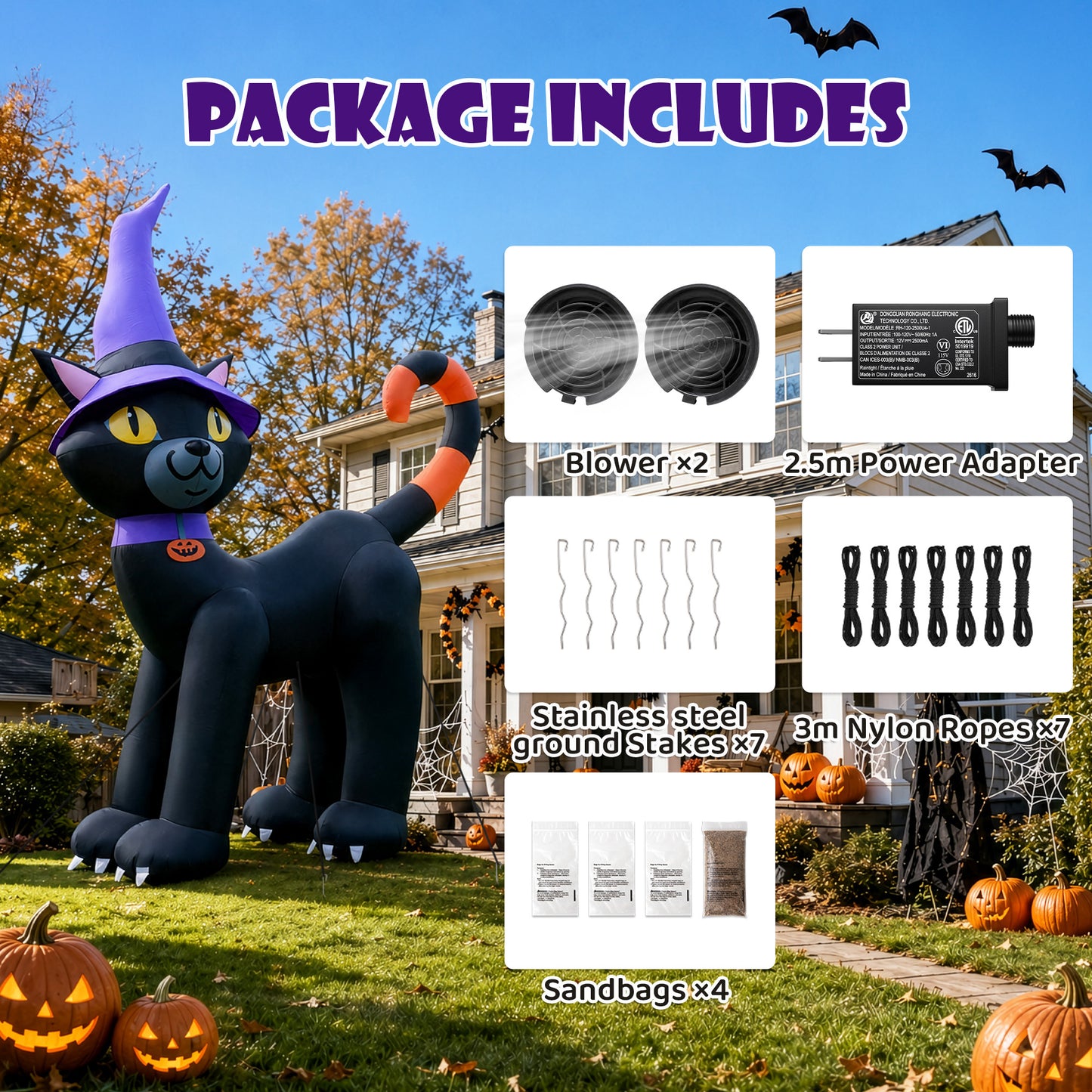 14FT Inflatable Halloween Black Cat with Witch Hat & LED Lights for Yard & Halloween Party