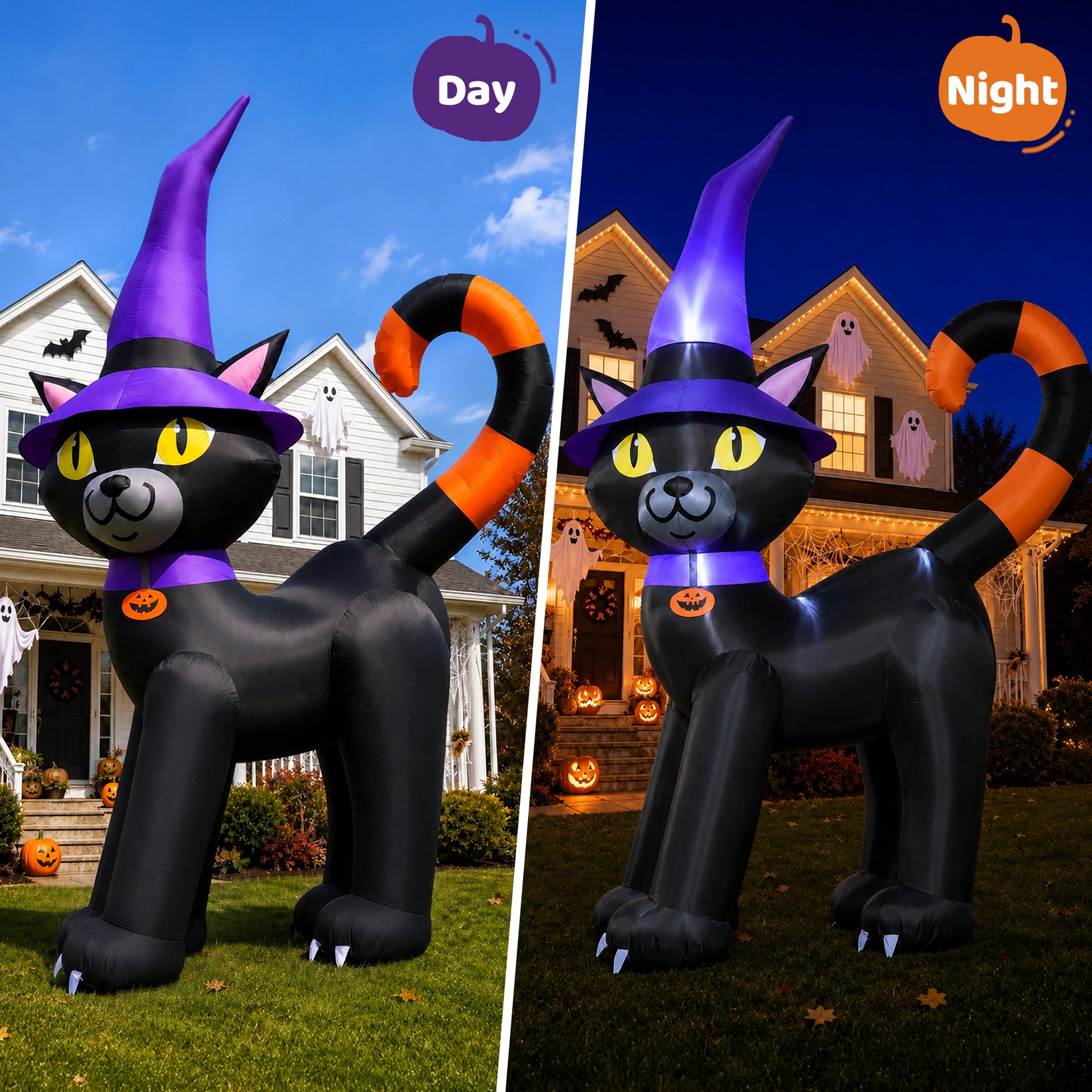 14FT Inflatable Halloween Black Cat with Witch Hat & LED Lights for Yard & Halloween Party