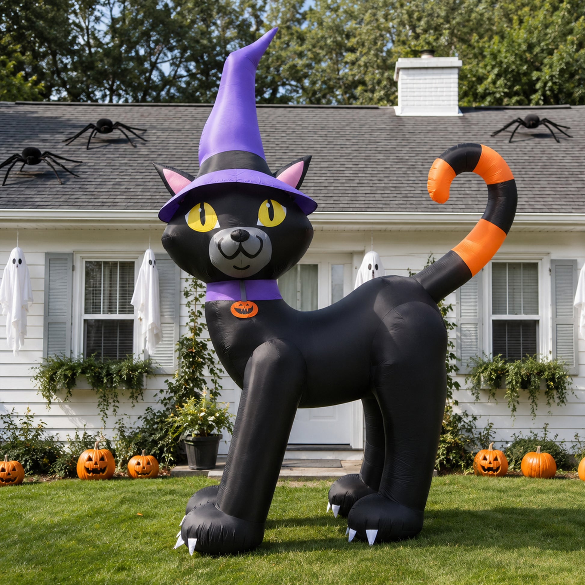 14FT Inflatable Halloween Black Cat with Witch Hat & LED Lights for Yard & Halloween Party