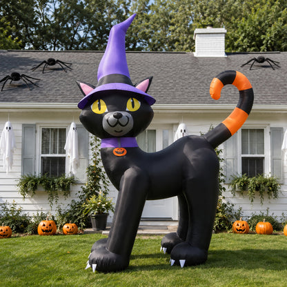14FT Inflatable Halloween Black Cat with Witch Hat & LED Lights for Yard & Halloween Party