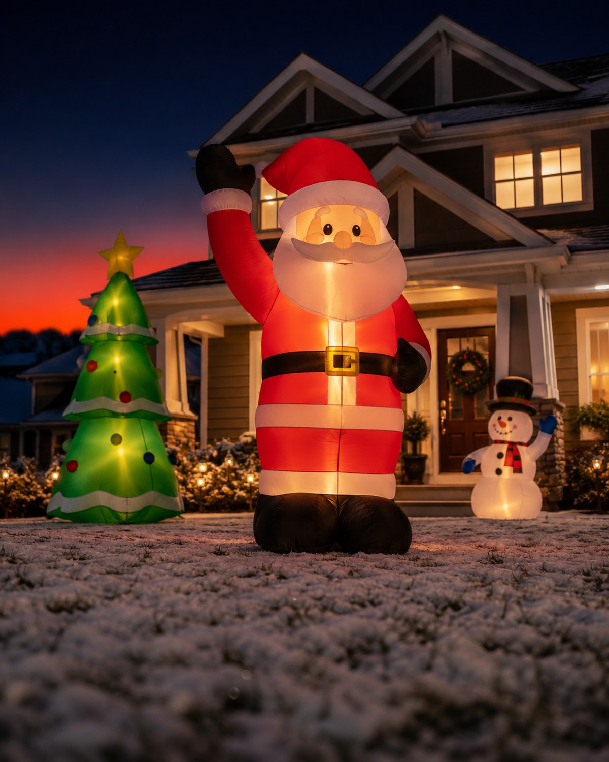 8FT inflatable Santa glowing in front yard at dusk, snowy lawn, craftsman house