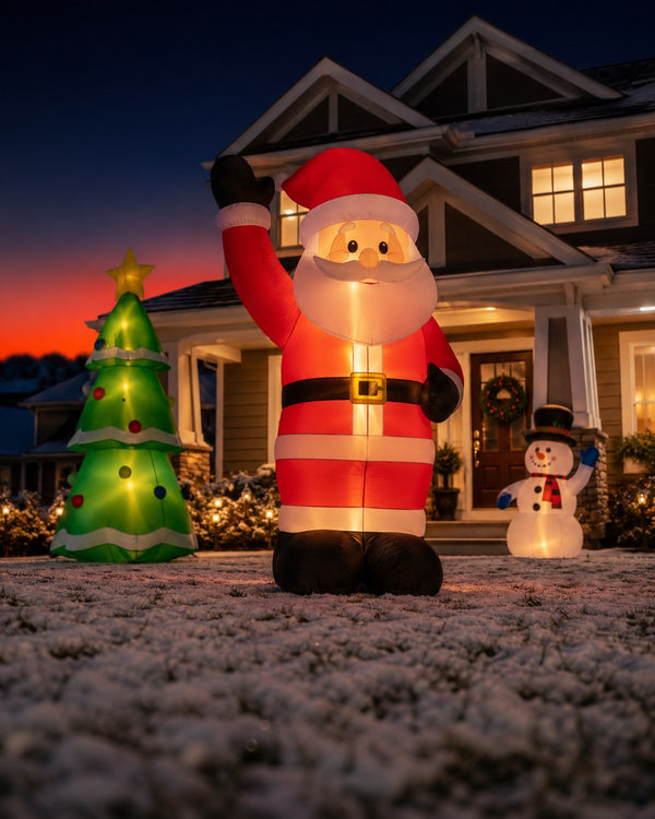 8FT inflatable Santa glowing in front yard at dusk, snowy lawn, craftsman house