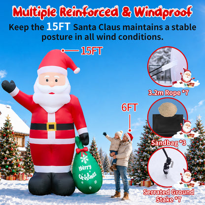 15FT Inflatable Santa Claus with Glowing Gift Bag & LED Lights for Yard & Christmas Party