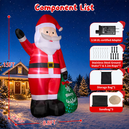 15FT Inflatable Santa Claus with Glowing Gift Bag & LED Lights for Yard & Christmas Party
