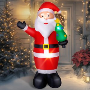 8FT Christmas Inflatable Santa Outdoor Decoration, Blow up Santa Claus Holding Xmas Tree Yard Decoration Built-in LED Lights, Large Inflatable Santa Decor for Xmas Holiday Garden Lawn Patio